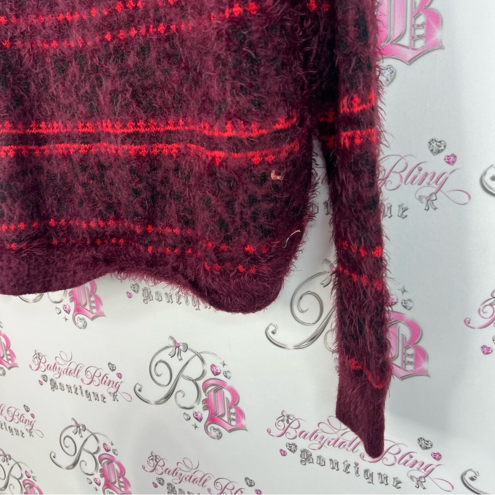 Jessica Simpson sweater furry fuzz stripes Burgundy and Red Fuzzy Sweater - Picture 3 of 8
